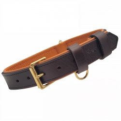 Hundehalsband Leder Braun  - Orange mit Messing. Lederhalsband für Hund Dunkelbraun