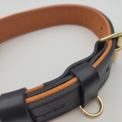 Hundehalsband Leder Schwarz  - Orange mit Messing. Lederhalsband für Hund Schwarz