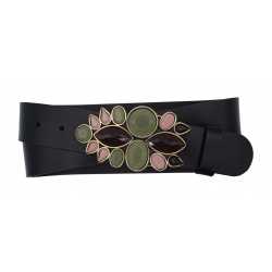 Damen Gürtel aus Leder schwarz mit Olive Blume