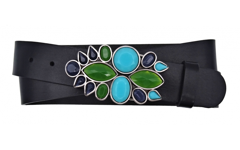 Damen Gürtel aus Leder schwarz mit Schnalle Türkise Blume