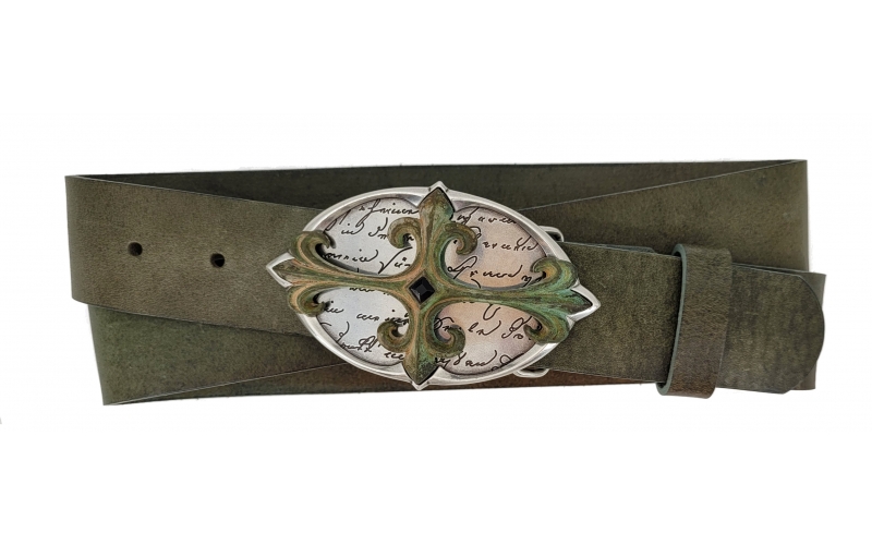 Jeansgürtel aus Leder grün mit Schnalle Kreuz