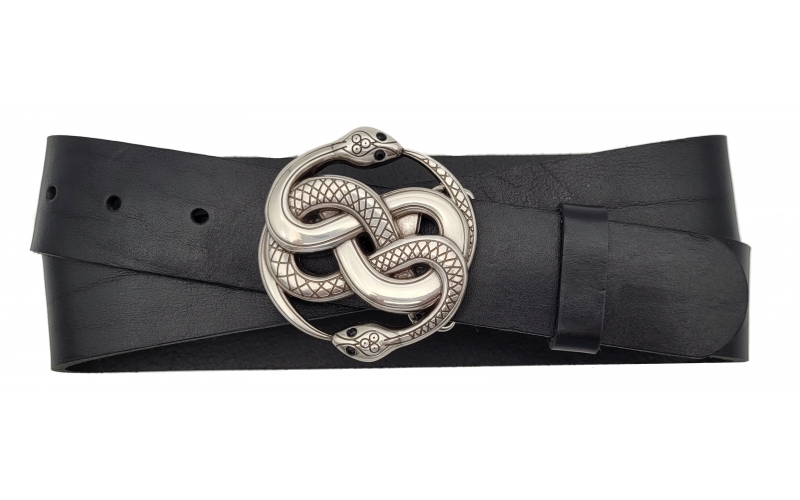 Ledergürtel in Schwarz mit silberner Gürtelschnalle Schlangen