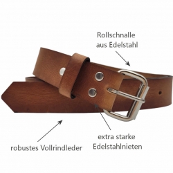 LEDERGÜRTEL HERREN  Cognac Braun mit Rollschnalle aus Edelstahl